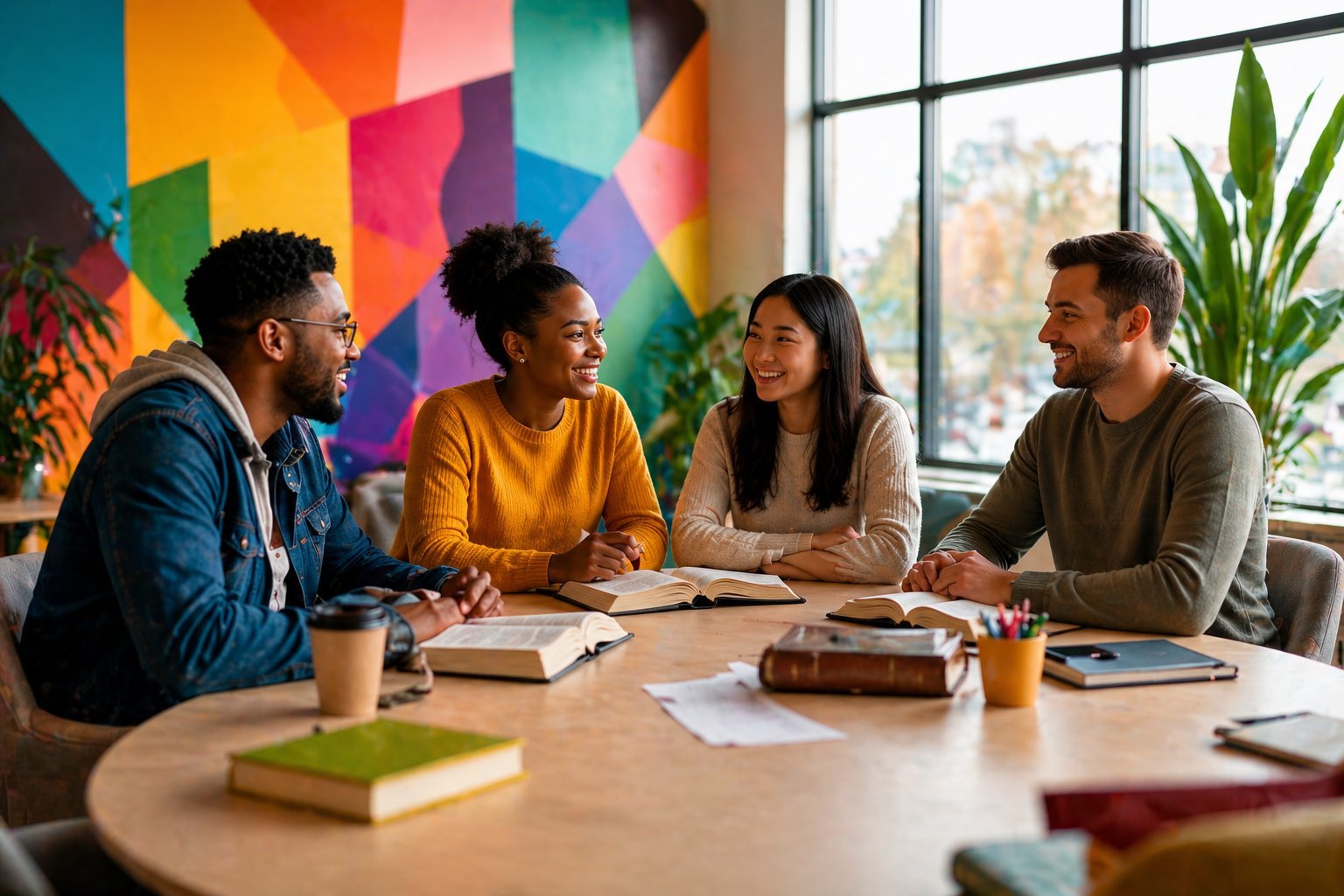 Four diverse professionals having a discussion around a wooden table with colorful geometric artwork and plants in the background